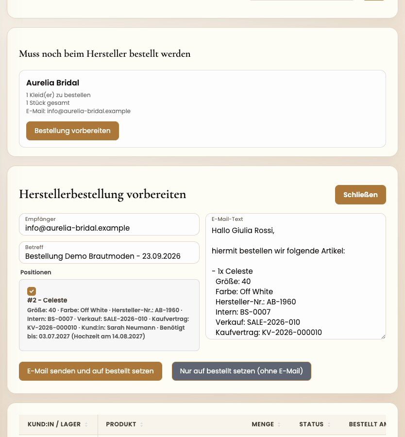 Herstellerbestellung vorbereiten: E-Mail an Aurelia Bridal mit Celeste, Größe 40, Off White, benötigt bis 03.07.2027, Hochzeit am 14.08.2027