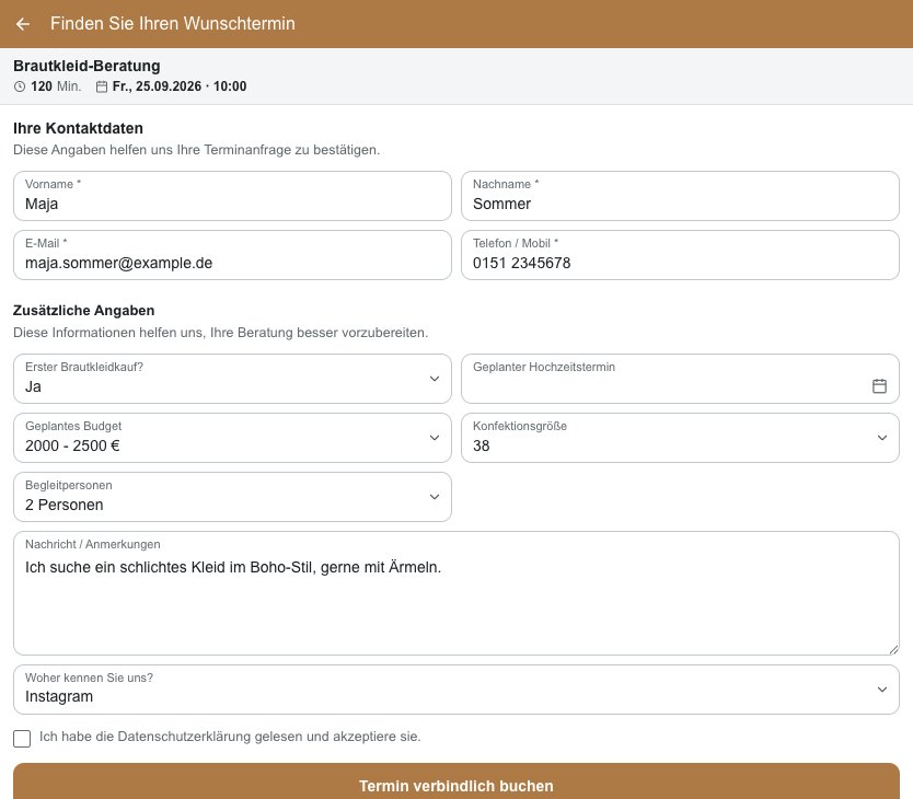 Buchungsformular des Widgets mit Kontaktdaten und Fragen zu Budget, Hochzeitstermin und Begleitpersonen