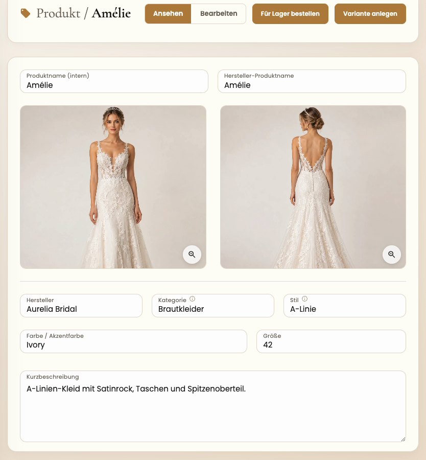 Produktseite eines Brautkleids mit zwei Bildern, Hersteller, Kategorie, Stil, Farbe, Größe und Kurzbeschreibung