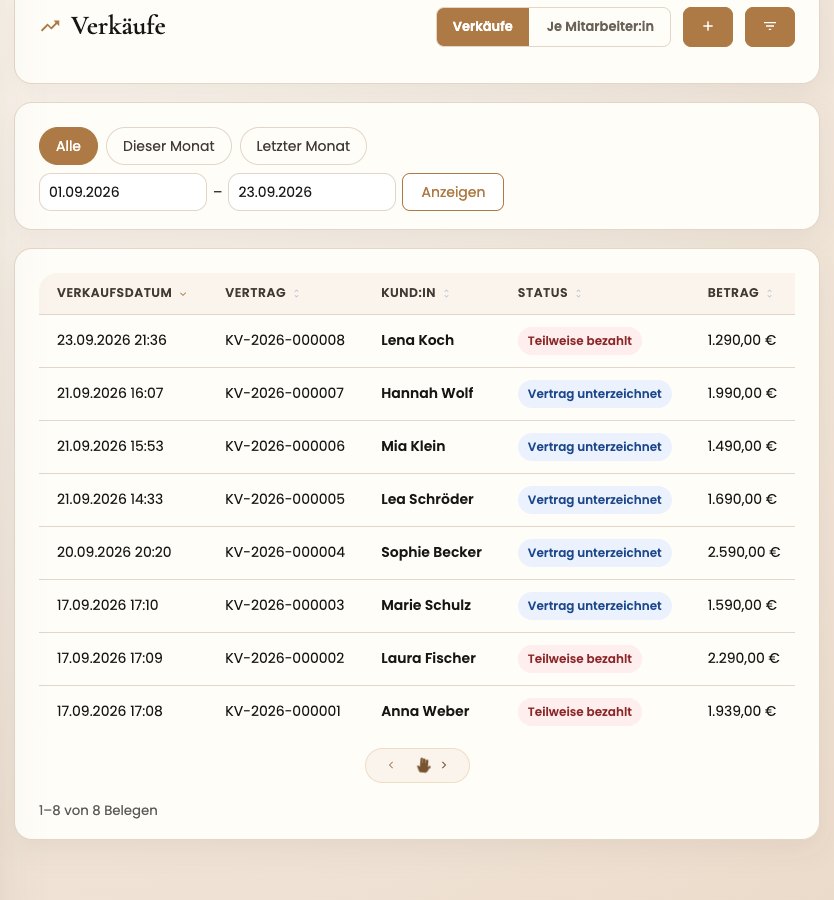 Verkäufe-Liste mit Datum, Vertragsnummer, Braut, Status und Betrag