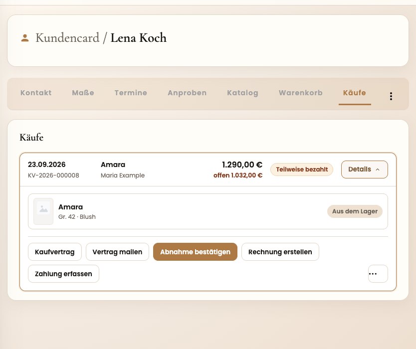 Verkauf in der Kundencard mit Kaufvertrag, Rechnung erstellen, Zahlung erfassen und Abnahme bestätigen