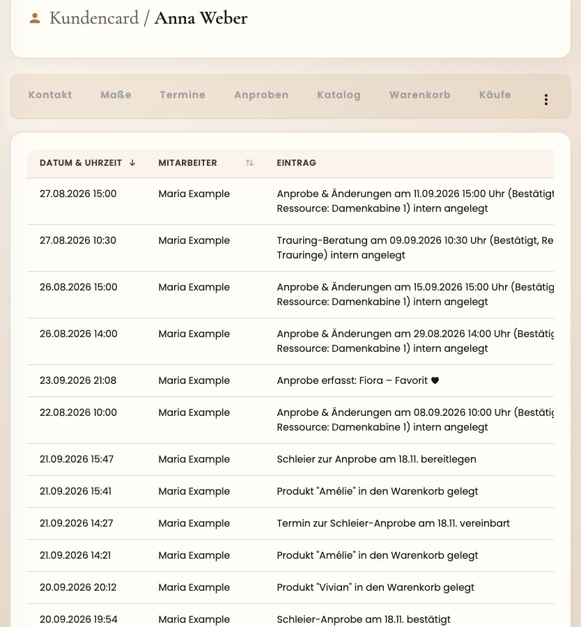 Verlauf in der Kundencard: Termine, Käufe und Notizen als Zeitleiste mit Datum und Mitarbeiter:in