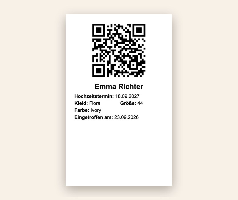 Abholetikett für den Kleidersack mit Name der Braut, Kleid, Größe, Farbe und QR-Code