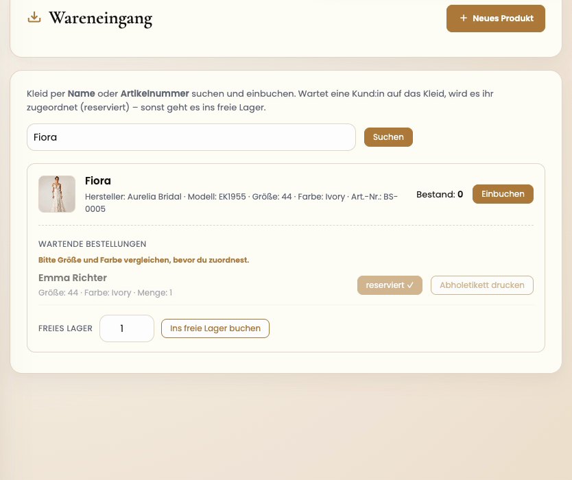Wareneingang: Fiora eingebucht, Emma Richter wartet, Status reserviert und Button Abholetikett drucken